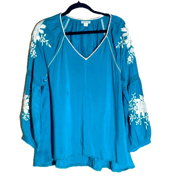 Sundance Catalog Teal Blue Embroidered Naomi Isles Top Tunic Boho V-neck $138 - Picture 1 of 14